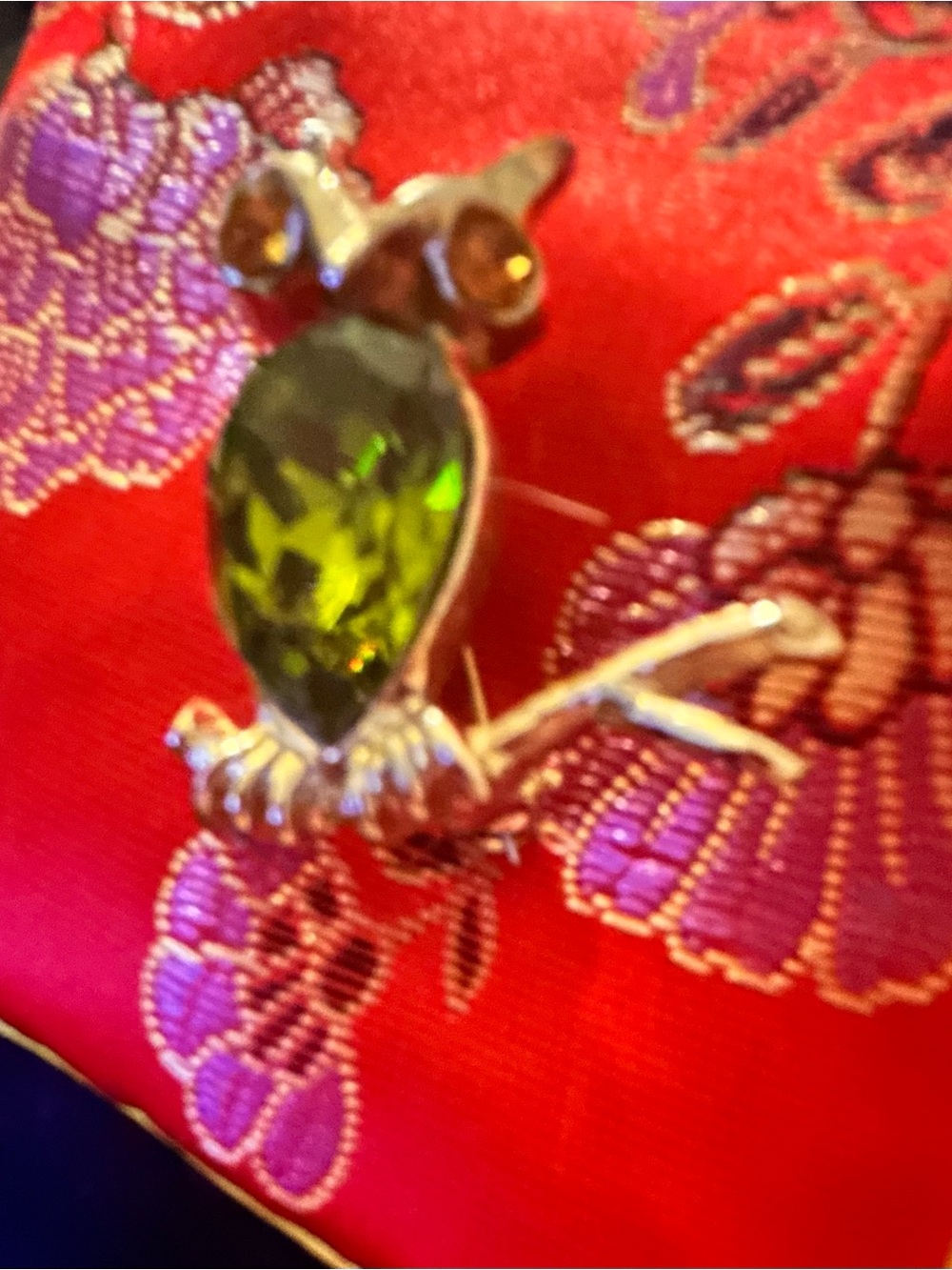 VINTAGE Green Crystal Owl Brooch -Signed DODDS 60s-70s
